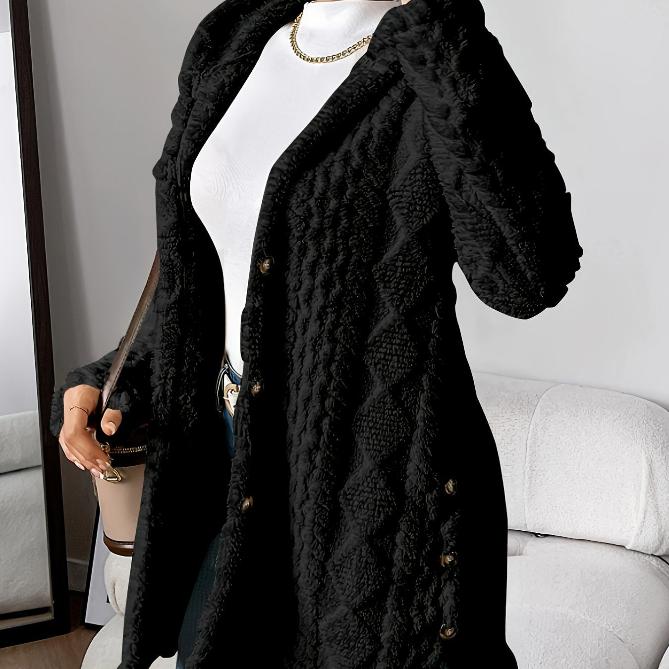 Women’s Warm Hooded Cardigan – Soft Plush Knit Jacket for Winter Comfort