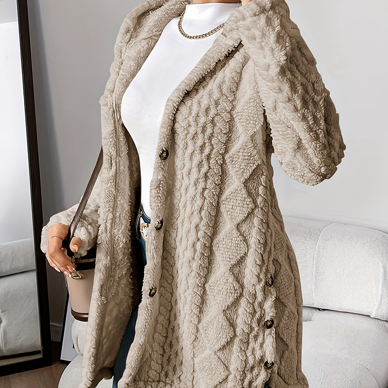 Women’s Warm Hooded Cardigan – Soft Plush Knit Jacket for Winter Comfort