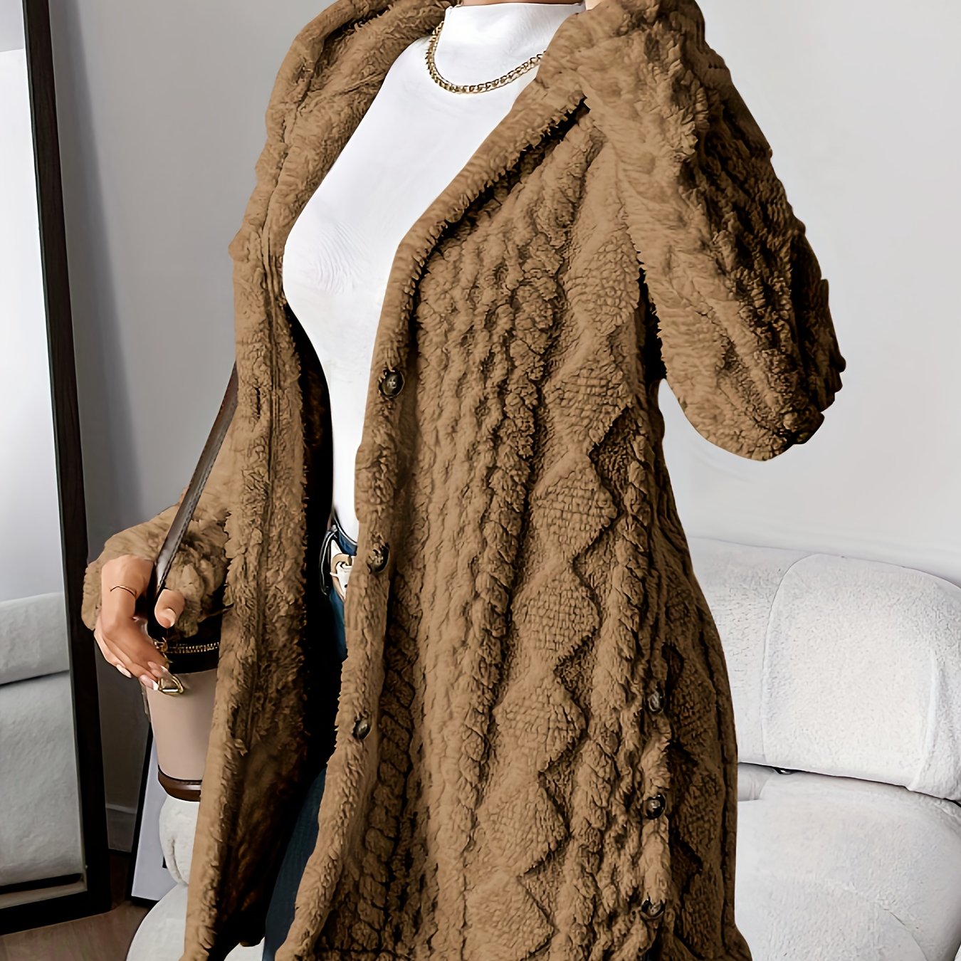 Women’s Warm Hooded Cardigan – Soft Plush Knit Jacket for Winter Comfort