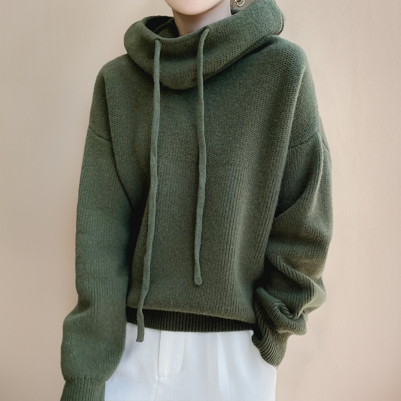 Elara Women’s Knit Hoodie – Soft Winter Pullover with High Neck & Drawstrings